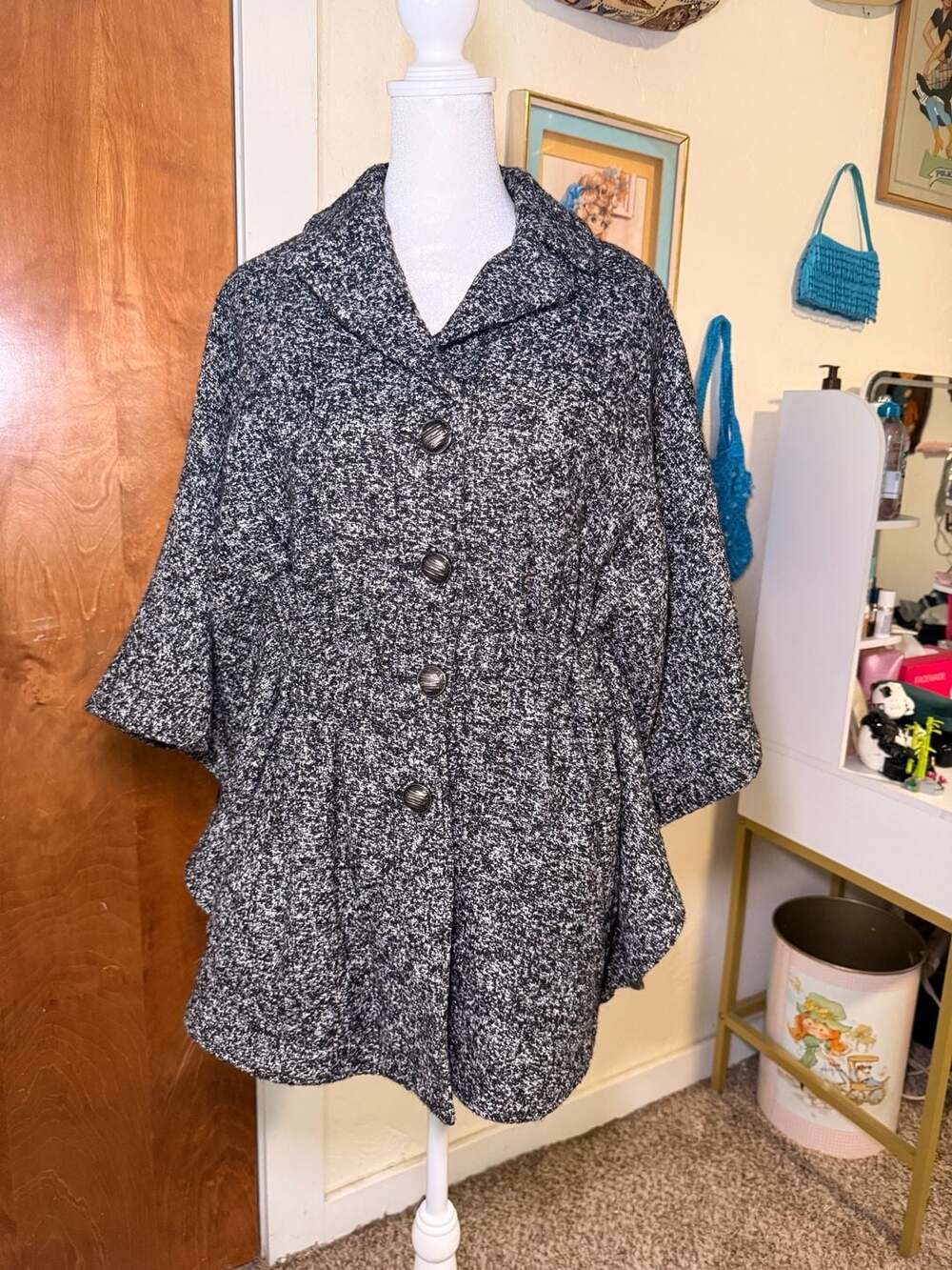 Steve Madden Black White Tweed Cape Coat Poncho Jacket Size M